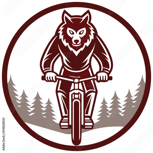 Wolf on a Mountain Bike in the Forest Round Logo Design