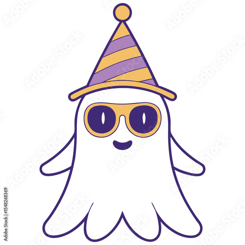 A cartoon ghost wearing a party hat and sunglasses is ready to celebrate