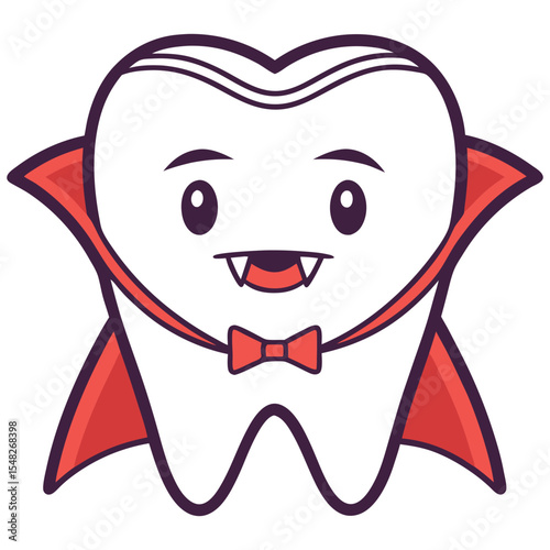 A charming cartoon tooth dressed as a Halloween vampire for dental health