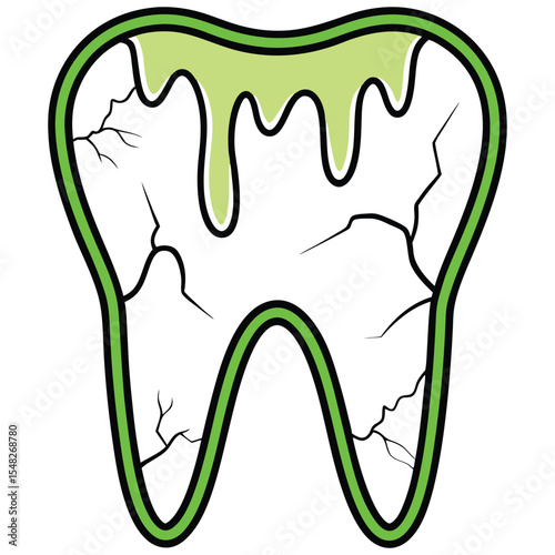 Cartoon tooth with cracks and green slime drips, health hazard illustration