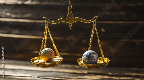Golden balance scale floating in space with planets as coins