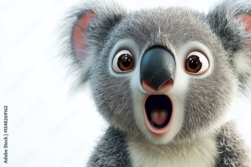 Obraz premium Surprised Koala with Wide Eyes and Fluffy Fur Expressing Curiosity and Delight in an Animated Style That Captivates Viewers