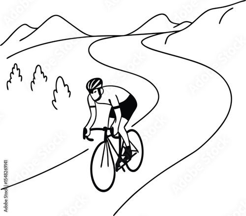 Cyclist riding bicycle uphill on winding road with mountains and outline design