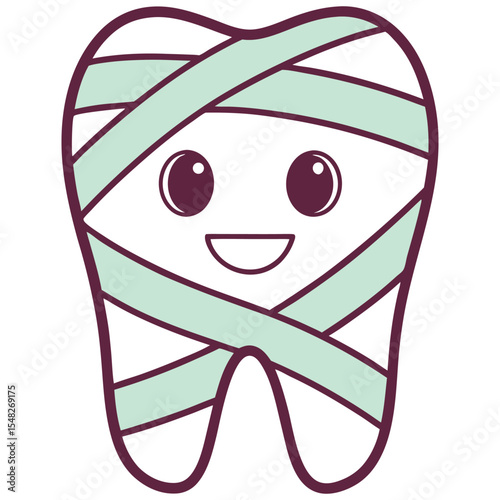 Cute Cartoon Mummy Tooth Character Wrapped in Bandages for Halloween Fun