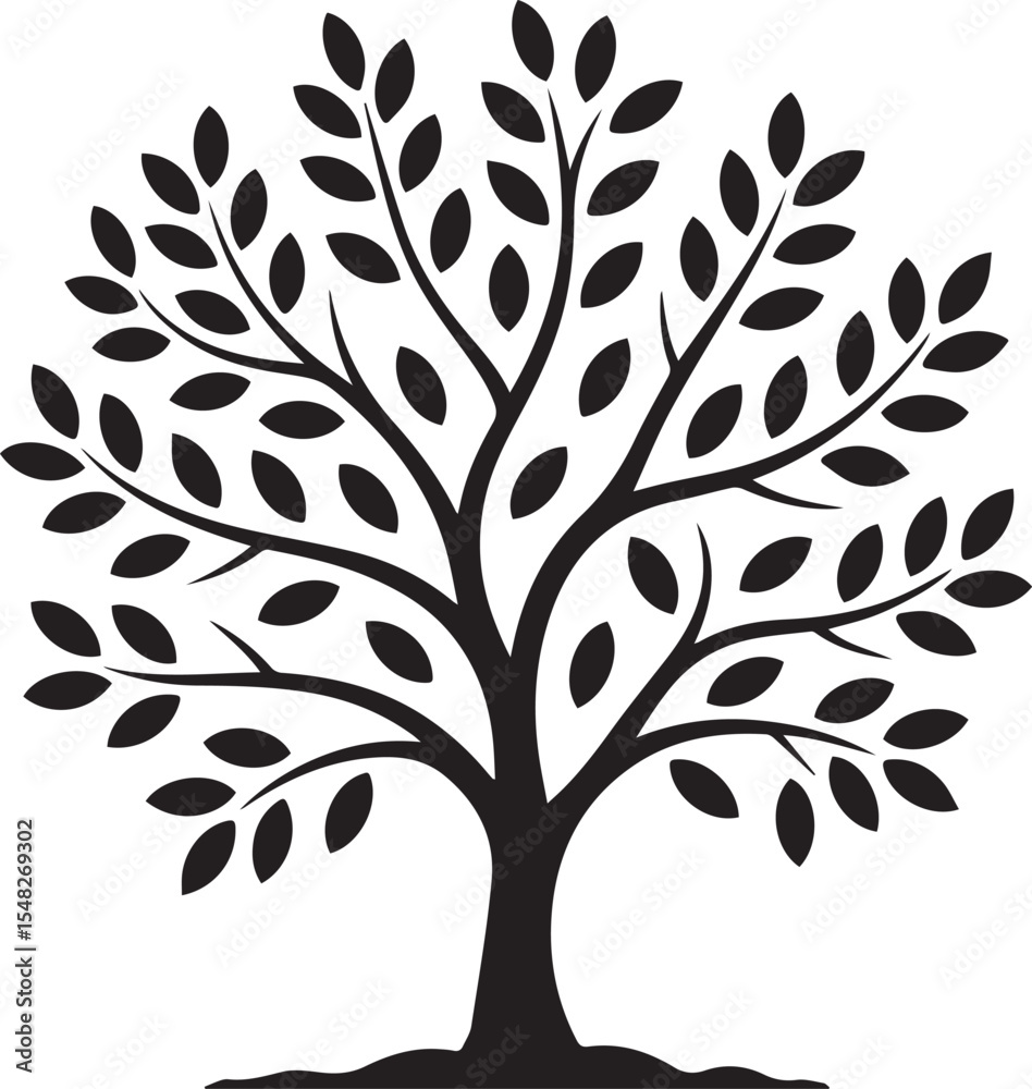 Fototapeta premium Tree Silhouette with Leaves Black Botanical Vector 