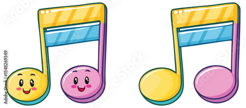 Cartoon musical note clipart illustration with and without happy face, isolated 