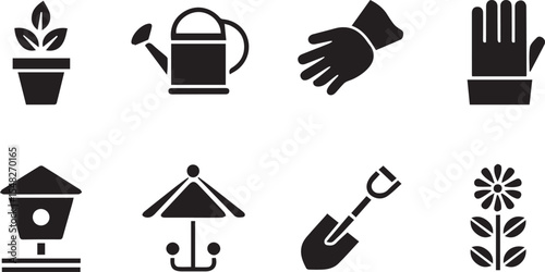  Urban Greenery like Potted plant, watering can, gardening gloves, bird feeder, small shovel, blooming flower.