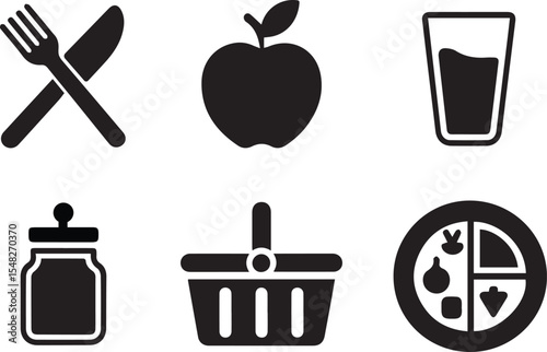 A flat black vector icon set of essential healthy eating and kitchen items. a crossed fork and knife, a whole apple , a clear water glass, an empty shopping basket, spice jar, and plate icon with food