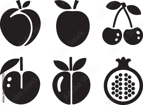 A flat black vector illustration featuring a set of six different stone and seeded fruits. Includes: a whole peach, a plum, a pair of cherries, an apricot, a nectarine and a pomegranate.