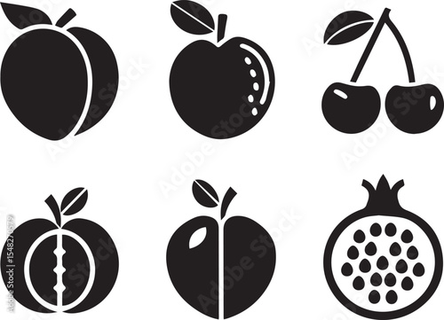 A flat black vector illustration featuring a set of six different stone and seeded fruits. Includes: a whole peach, a plum, a pair of cherries, an apricot, a nectarine and a pomegranate.