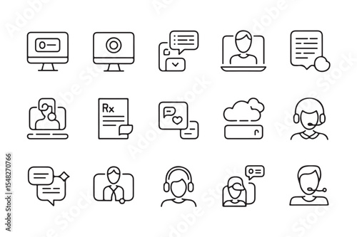 Communication and support icons set in line art