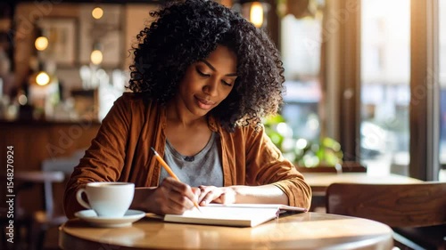 A woman with curly hair writes in a notebook She is inside a bright cafe with sunlight streaming in There is a cup of coffee nearby