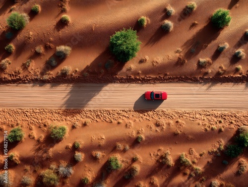 Lonely red car on vast desert road with sandy dunes - drone view.