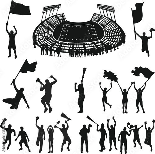 Silhouette illustrations of a stadium crowd with flags and fans celebrating sports victory in a black and white style