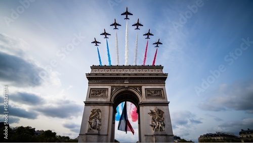 The French Air Force aircraft fly over the Arc de Triomphe in Paris, leaving trails of blue, white, and red in the sky as the French flag waves atop the monument. National pride and celebration.