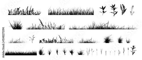 Set of horizontal banners of meadow silhouettes with grass. hand drawn. Not AI, Vector illustration.
