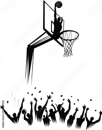 Silhouette of a basketball player dunking with enthusiastic fans celebrating the scoreboard on a white background