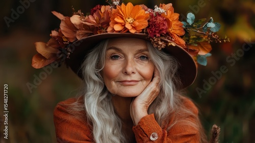 A portrait of a graceful elderly woman adorned with a colorful floral crown reflects wisdom, beauty, and the charm of nature, combining gentleness with a vibrant smile.
