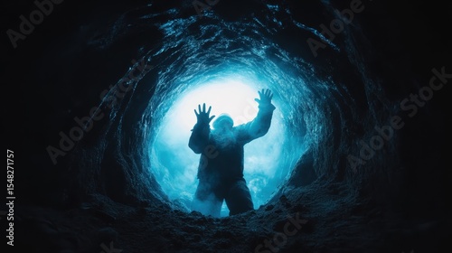A shadowy silhouette is seen striving to escape from a deep, dark abyss, invoking feelings of vulnerability, struggle, and human endurance in a stark visual contrast.