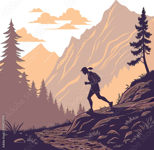 Silhouette of a trail runner ascending a mountain path through a forest at dusk in a stylish vector illustration