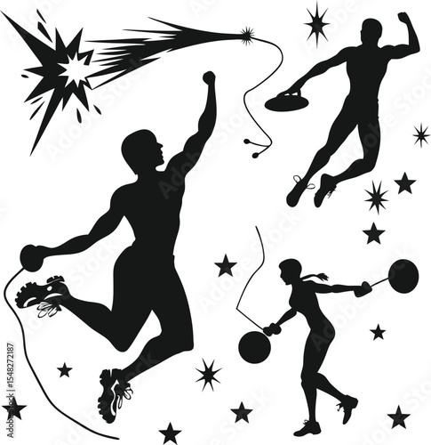Silhouetted athletes depicted in motion showcasing track and field discus hammer and shot put events with star accents