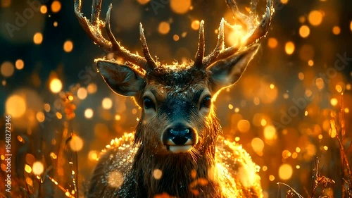 Majestic deer standing amidst golden autumn foliage, illuminated by soft sunlight and bokeh effects