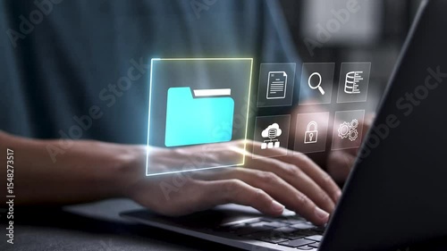 Digital document management concept. cloud storage, audit trails, security and search. Person using laptop with digital document management system on interface screen.
