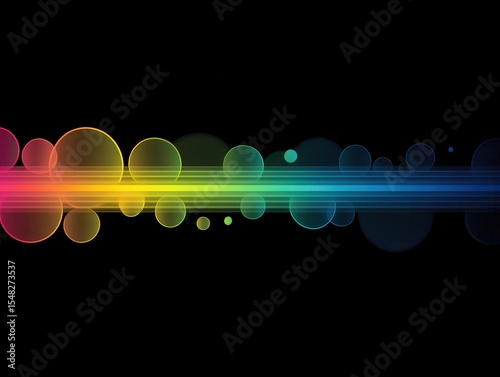 Radiant rainbow stripes with glowing bubbles on dark canvas.