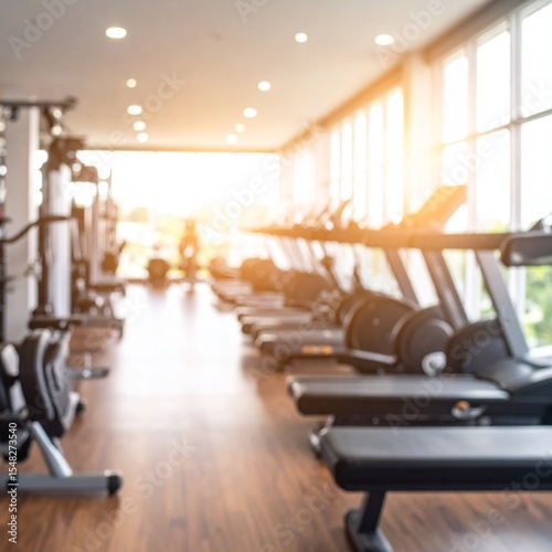 Blurred fitness gym equipment for sport banner background.Fitness center blur background.