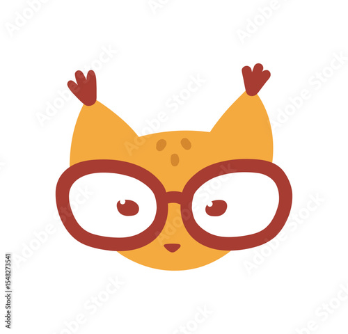 Vector illustration of a funny lynx face wearing big glasses. Flat isolated illustration.