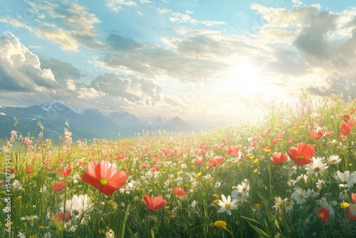 Vibrant blooming flowers in a sunlit spring summer meadow at dawn with mountains in the background and fluffy clouds in the bright sky