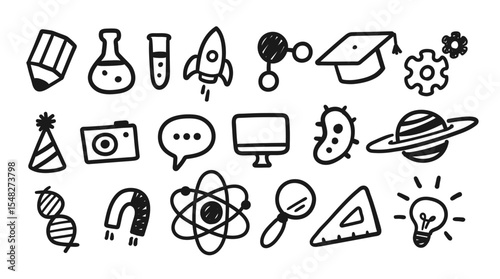 Vector illustration of education and science hand drawn icons. Black line art, isolated.