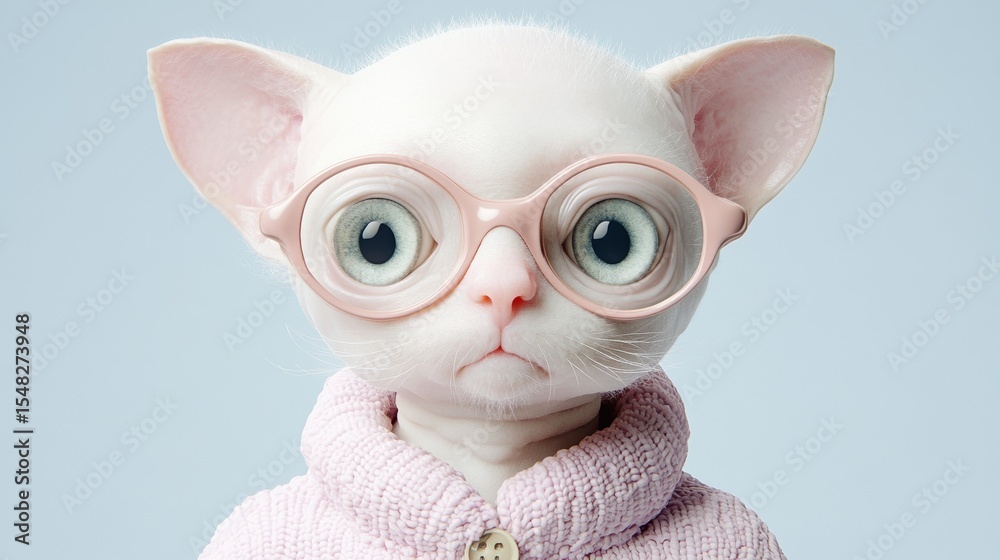 Obraz premium Cute hairless cat wearing glasses and sweater on soft blue background