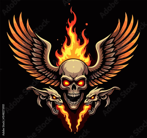 Biker vector t-shirt design with fire human skull,
wings, demons on black background.
Fashionable print for fabric, paper, men clothing,
hoodie, biker jacket. T shirt template.