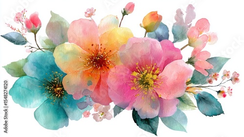 A vibrant floral arrangement displays an array of flowers in shades of pink, orange, and blue. The delicate petals blend harmoniously, creating a lively and cheerful composition.