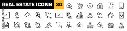 Real estate icons. Real estate vector set. Realtor sign. Home plan sign. House search line icon. Real estate line icon set.