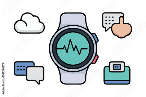 Smartwatch fitness tracker icons with cloud messaging