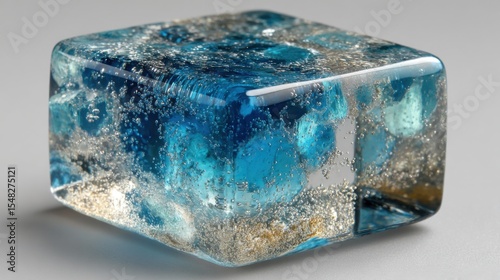 This vibrant resin cube features a captivating mix of clear and blue tones, with tiny bubbles suspended inside, making it a unique decorative piece perfect for craft enthusiasts.
