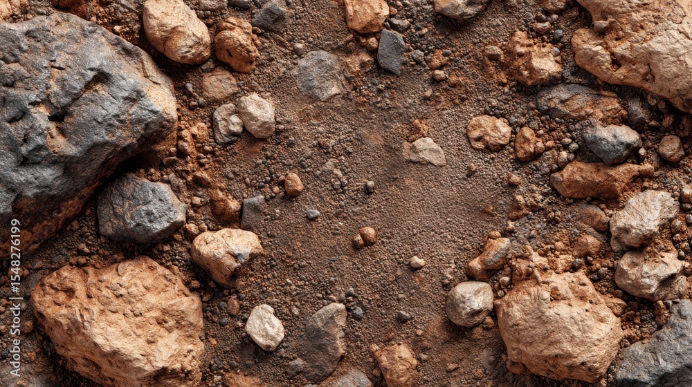 Fototapeta premium Rugged terrain showcases a mix of large and small rocks in earthy tones, revealing the intricate textures and colors of the natural landscape under bright daylight.