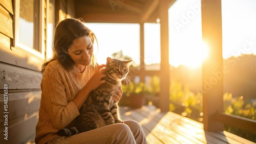 Woman smiles warmly petting a tabby cat on a wooden porch Sunlight streams through the trees creating a golden glow Tranquil moment connecting with nature