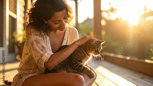 Woman smiles warmly petting a fluffy cat outdoors Golden sunlight bathes the porch where potted plants add charm creating a peaceful happy scene