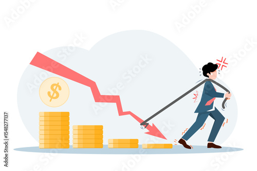 A businessman pulling a downward arrow with effort, symbolizing economic pressure and financial struggle. Flat style vector illustration for business downturn concepts.