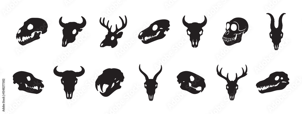 Fototapeta premium Black silhouette of various animal skulls, isolated on white background, graphic illustration. concept of wildlife, mysterious art, skull designs, decor elements, tribal tattoo symbols, collection
