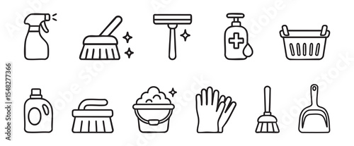 Black outline of cleaning tools and supplies set including spray bottle, mop, gloves, brush and other, isolated on white background. household chores, cleanliness, home maintenance, icon collection