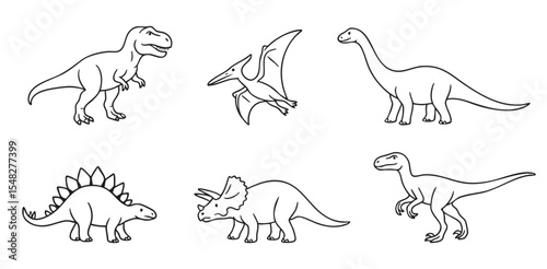 Set of Black outline illustrations of various dinosaur species including t-rex, pterodactyl, stegosaurus and other, isolated on white background. concepts of prehistoric animals, extinct creatures