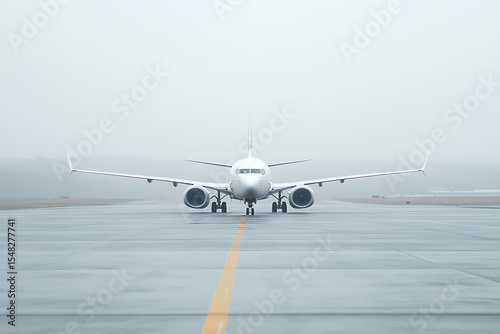 An aircraft on the runway faces forward with wings spread in a hazy scene, the white plane stands out against the muted gray background.