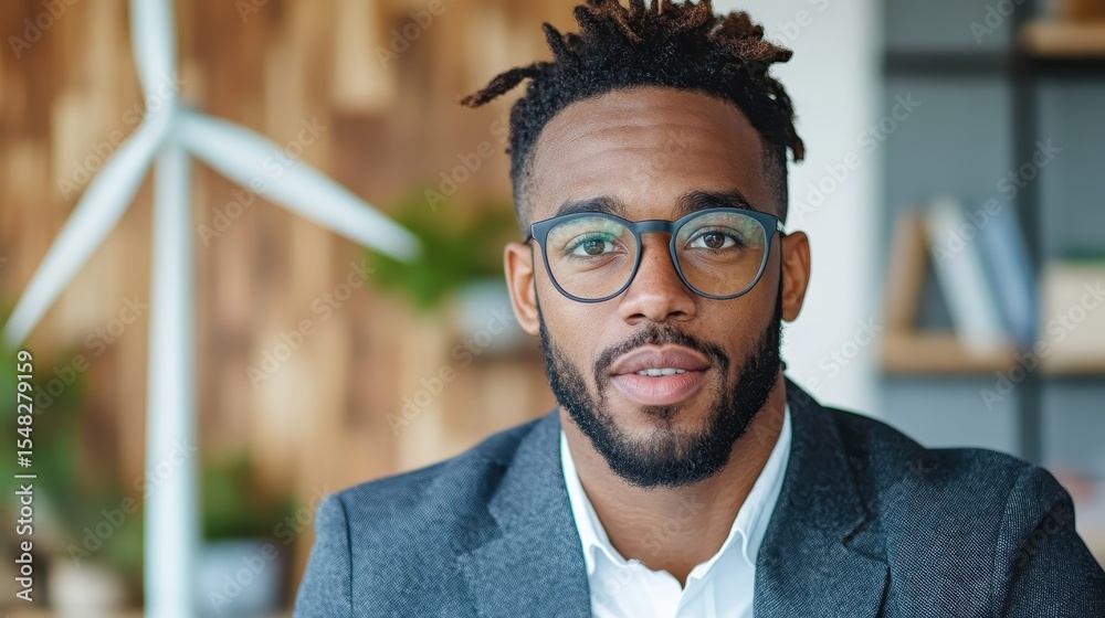 Fototapeta premium A professional man wearing eyeglasses sits in an office setting with a wind turbine visible, symbolizing renewable energy and modern workplace dynamics.