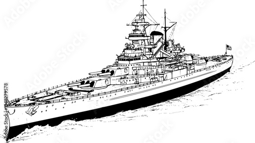 a black and white drawing of a large battleship, detailed, naval style illustration