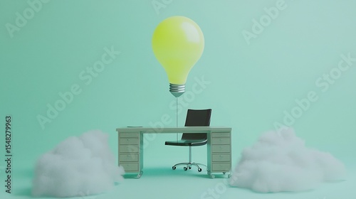 Light bulb balloon lifting an office desk above the clouds of doubt