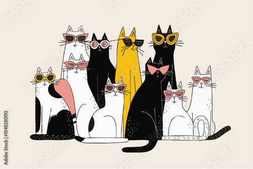 illustration of cool summer cats wearing sunglasses. hand drawn cartoon style